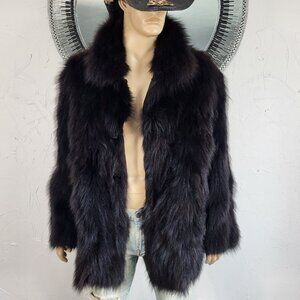 REVERSIBLE~M/L~ITALY~MENS VINTAGE BLACK BROWN GENUINE REAL FOX FUR COAT JACKET